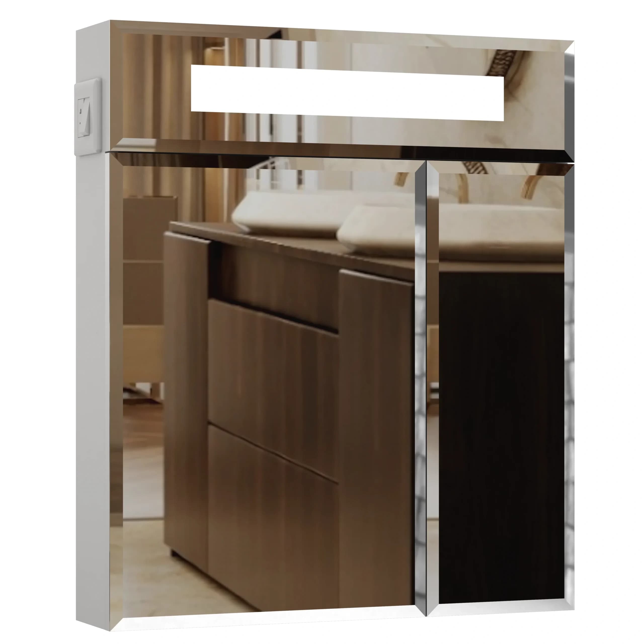 Mirror cabinet “Smile” with lighting, sandblasted window, bevelled, 2 doors (white)